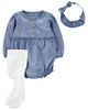 Carter's Three Pack Bodysuit, Headwrap And Tights Set Blue  9M