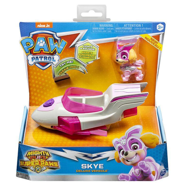 PAW Patrol, Mighty Pups Super PAWs Skye's Deluxe Vehicle with Lights and Sounds