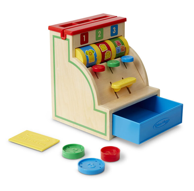 Melissa & Doug Spin and Swipe Caisse enregistreuse en bois avec 3 pièces de jeu, carte de crédit - les motifs peuvent varier