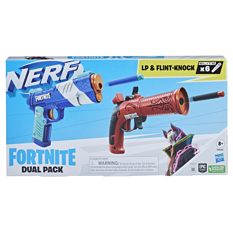 Nerf Fortnite Dual Pack Includes 2 Fortnite Blasters, Flint-Knock Dart Blaster, LP Dart Blaster, and 6 Nerf Elite Foam Darts