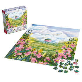 Puzzles Spin Master, Iris en bord de mer, Puzzle de 500 pièces par l'artiste Laivi Põder représentant un paysage de fleurs, avec poster