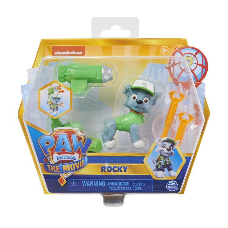 PAW Patrol, Movie Collectible Rocky Action Figure with Clip-on Backpack and 2 Projectiles