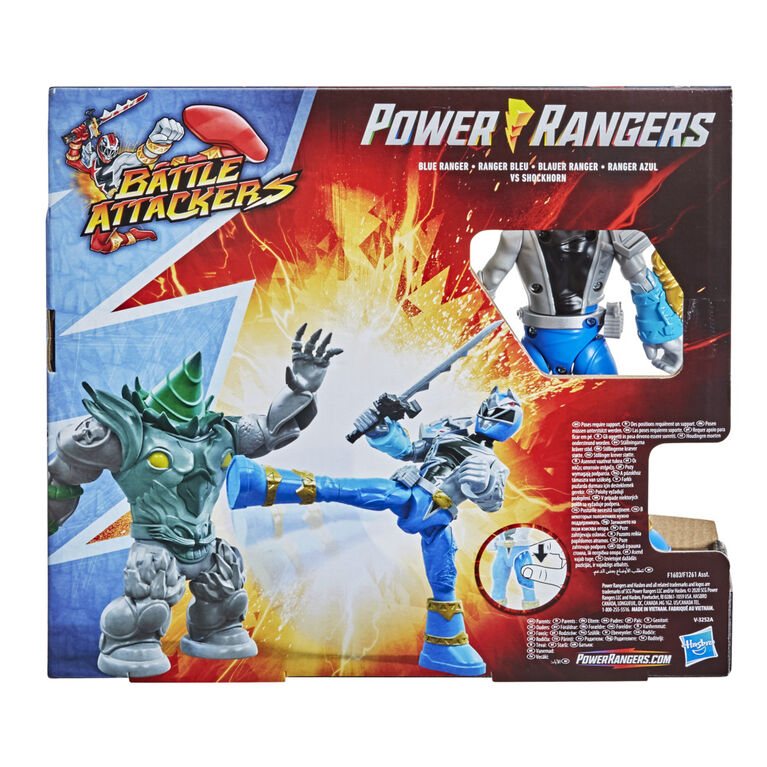 Power Rangers Dino Fury Battle Attackers, Blue Ranger et Shockhorn, 2 figurines avec de coup de pied et accessoire