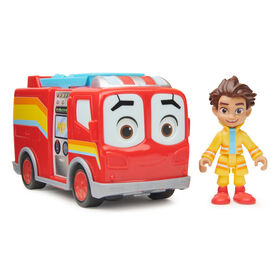 Disney Junior Firebuds, Bo et Flash, figurine articulée et véhicule camion de pompier avec mouvement des yeux interactif