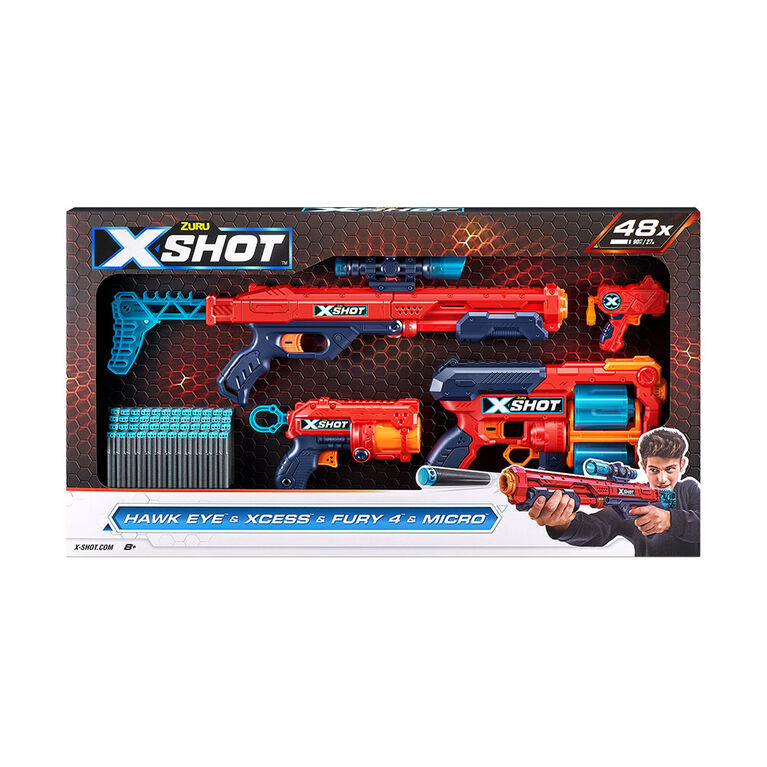 X-Shot Excel Hawk + Xcess + Fury 4 + Micro Combo Pack (48 Darts) by ZURU