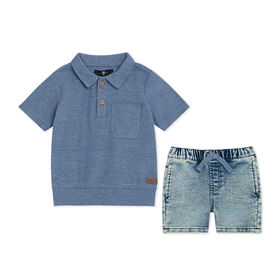 7 For All Mankind 2 Piece Knit Denim Short Set, Navy
