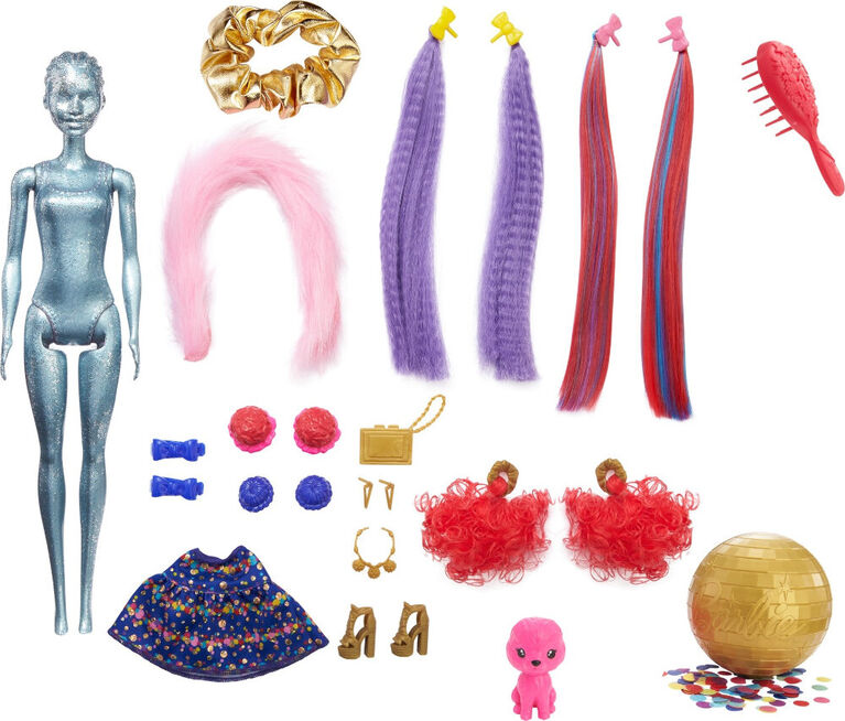 ​Barbie Color Reveal Glitter! Hair Swaps Doll, Glittery Blue with 25 Hairstyling and Party-Themed Surprises