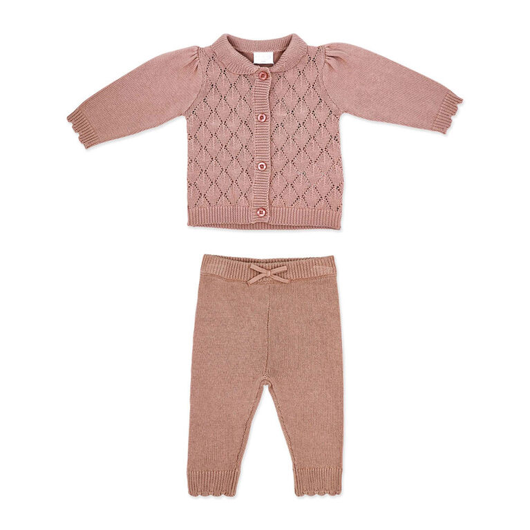 Rock a Bye Baby Cardigan en tricot rose avec col à volants et pantalon