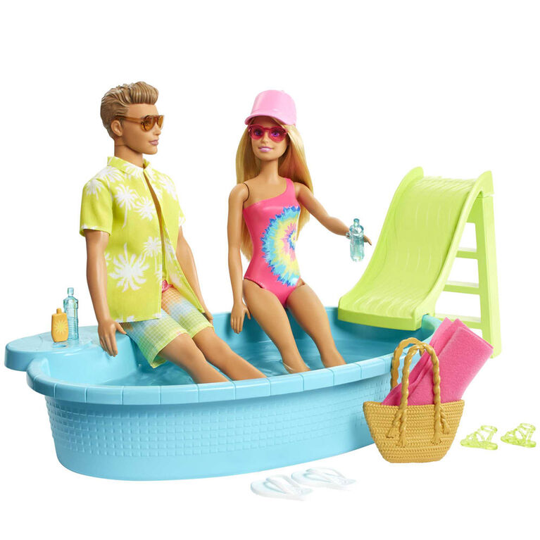 Barbie Gift Set with Convertible Car, Pool, Barbie Doll and Ken Doll in Swimwear