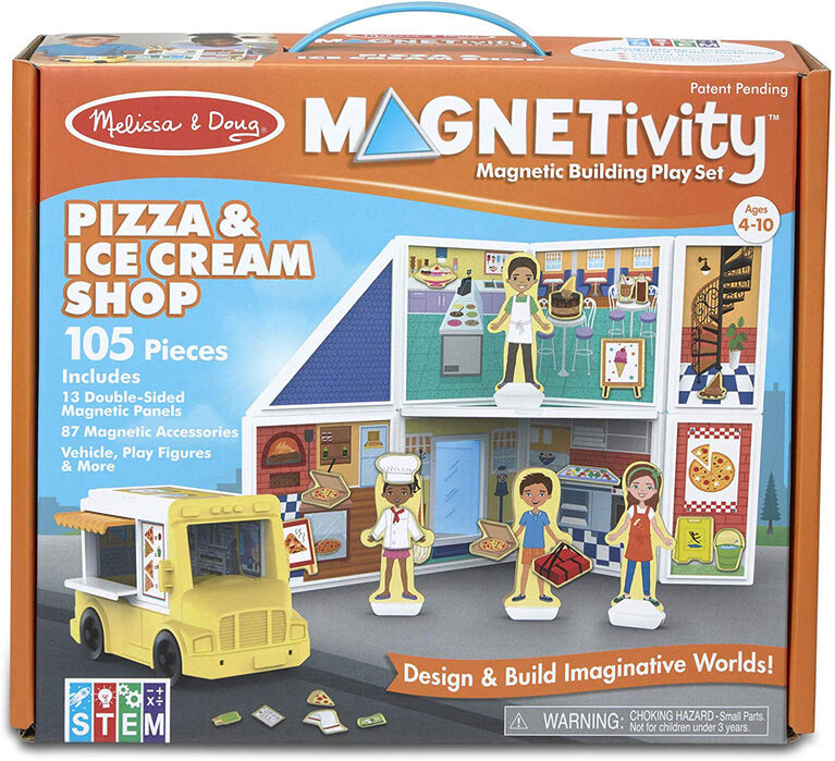 Melissa & Doug 105-Piece MAGNETIVITY Magnetic Building Play Set - Pizza & Ice Cream Shop with Food Truck Vehicle