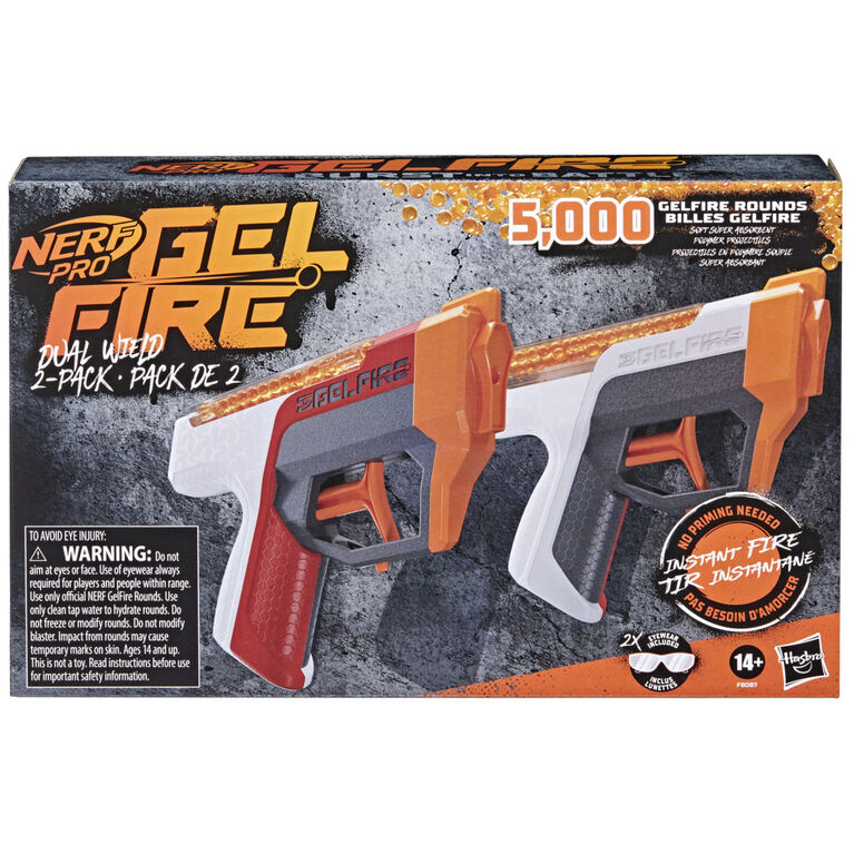 Nerf Pro Gelfire Dual Wield Pack, 2 blasters, tir sans amorçage, 5 000 billes Gelfire, 2 chargeurs-trémie 100 billes intégrés, 2 lunettes