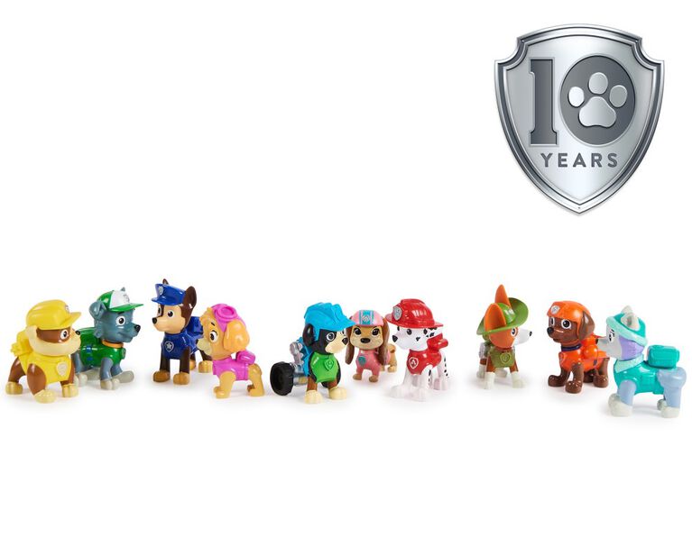 PAW Patrol, 10e anniversaire, Coffret cadeau de 10 figurines articulées de  toute la Pat'Patrouille au complet à collectionner