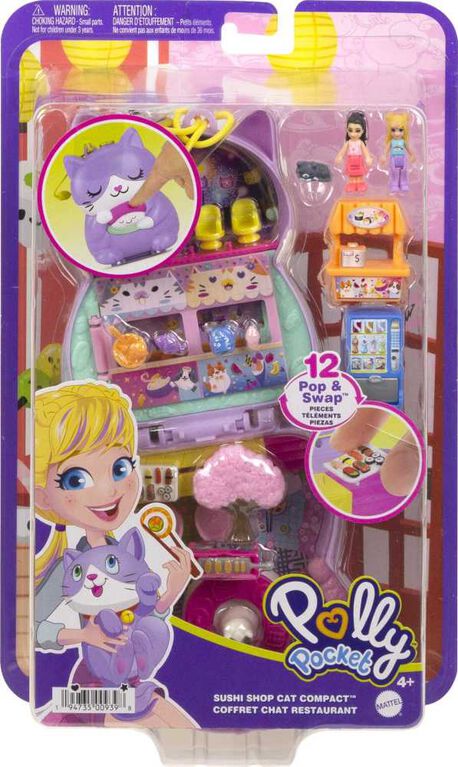 Polly Pocket Sushi Shop Cat Compact Playset with 2 Dolls and 12 Accessories