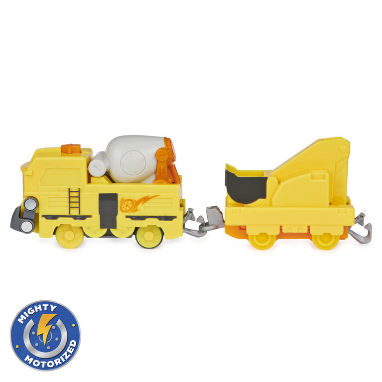 Mighty Express, Train motorisé Brock le bâtisseur avec outil qui fonctionne vraiment et wagon de cargaison, jouets pour enfants à partir de 3 ans