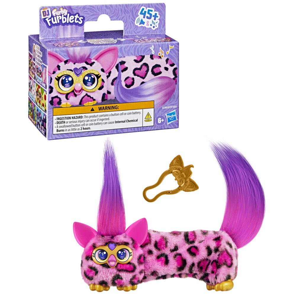 Furby DJ Furblets Kitt-Ee-Luv Mini Electronic Plush Toy with Funny Stretchable Sound Effects & Music, Speaks Furbish, Pink Cheetah Print