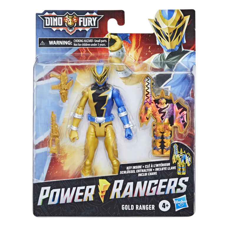Power Rangers Dino Fury Gold Ranger 6-Inch Action Figure with Dino Fury Key and Dino-Themed Accessory