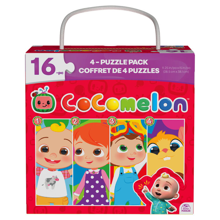 CoComelon, Coffret de 4 puzzles de 16 pièces faciles à assembler, JJ et ses amis, Série YouTube et Netflix, avec boîte cadeau portable à poignée en corde