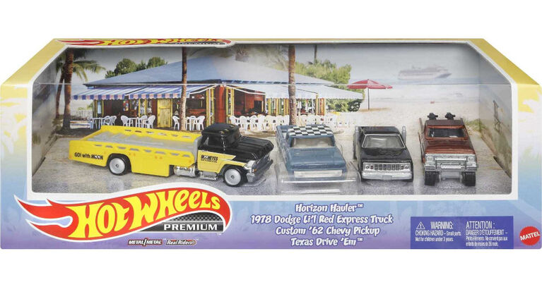 Hot Wheels Premium Collect Display Set with 3 1:64 Scale Die-Cast Cars and 1 Team Transport Vehicle
