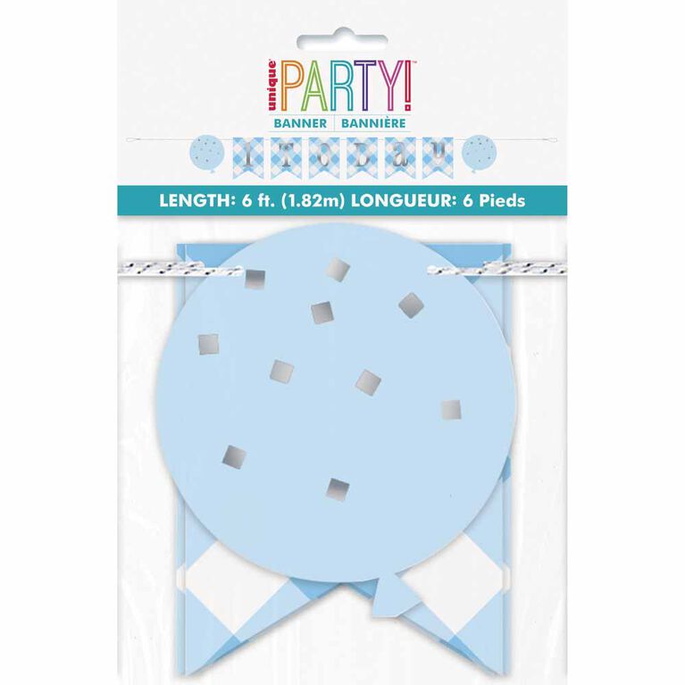 Blue Gingham 1st Bday Banner 6 ft - English Edition