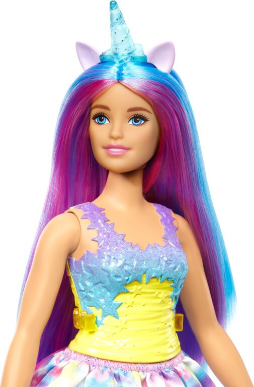 Barbie Dreamtopia Unicorn Doll (Curvy, Blue and Purple Hair), With Skirt, Removable Unicorn Tail and Headband