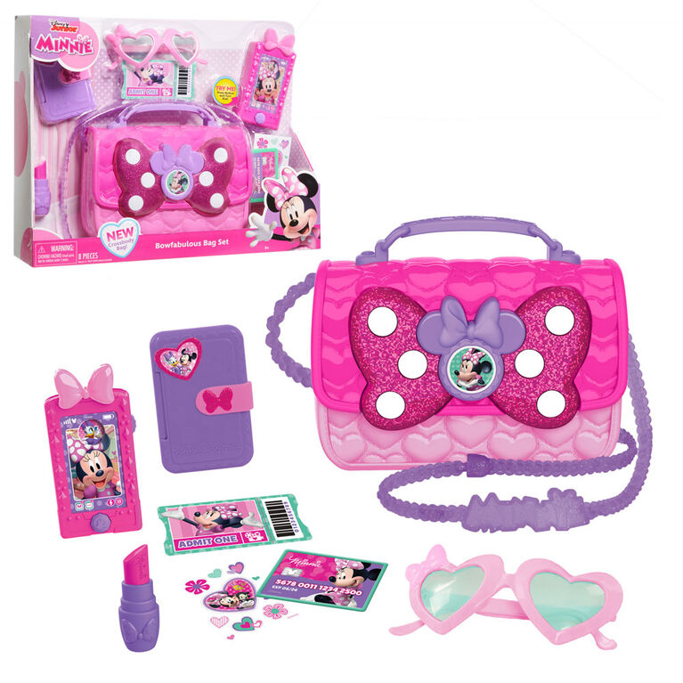 Ensemble de Sac Bowfabuleux de Minnie Mouse de Disney Junior, Sac à 9 Eléments pour Jouer en Faisant Semblant avec Téléphone Portable Sons et Lumières, Lunettes de Soleil et Accessoires