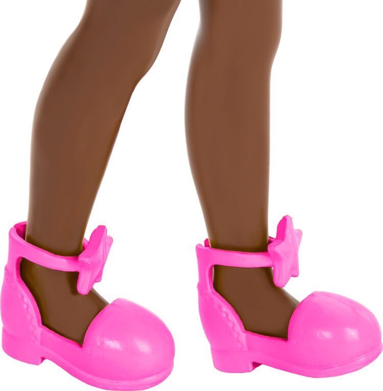 Barbie Chelsea Doll, Small Doll Wearing Removable Purple Floral Dress with Space Buns & Brown Eyes