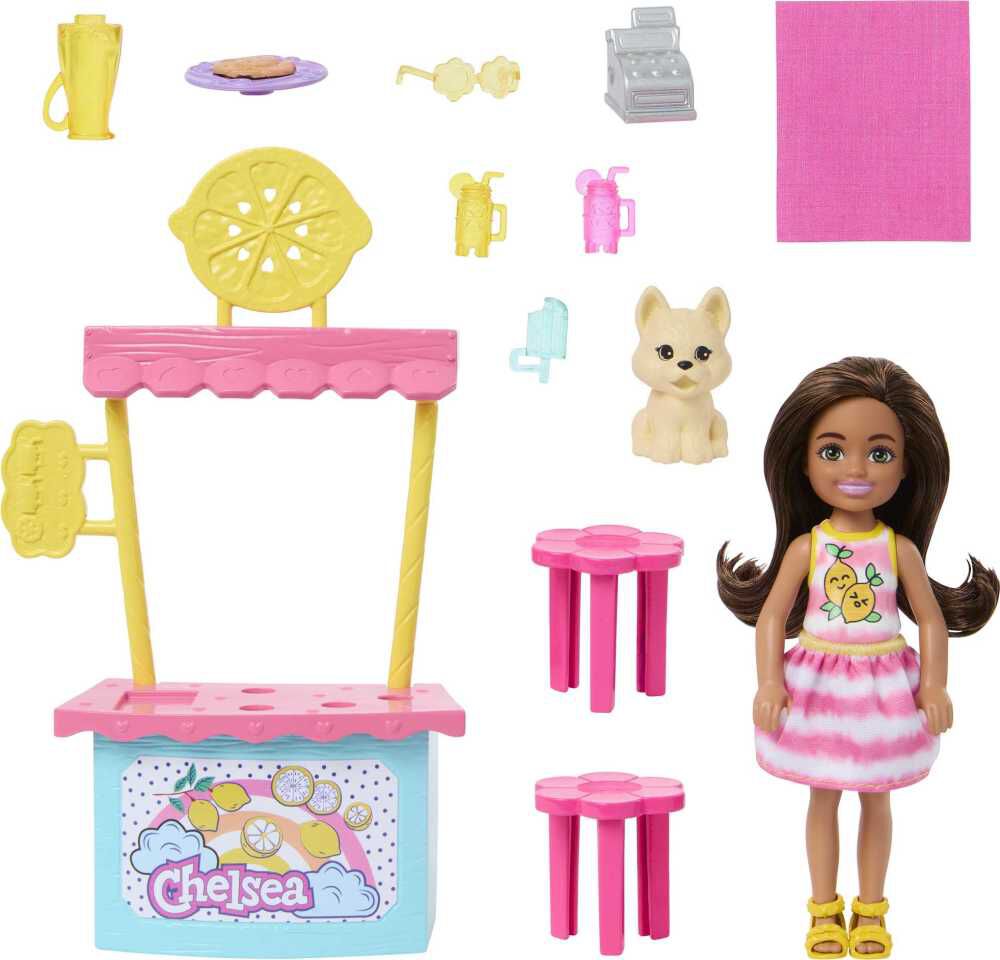 Barbie Chelsea Lemonade Stand Playset with Brunette Small Doll Puppy Stand and Accessories Barbie Chelsea Doll and Accessories