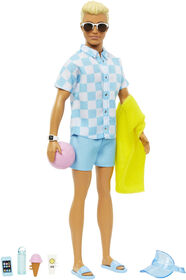 Blonde Ken Doll with Swim Trunks and Beach-Themed Accessories