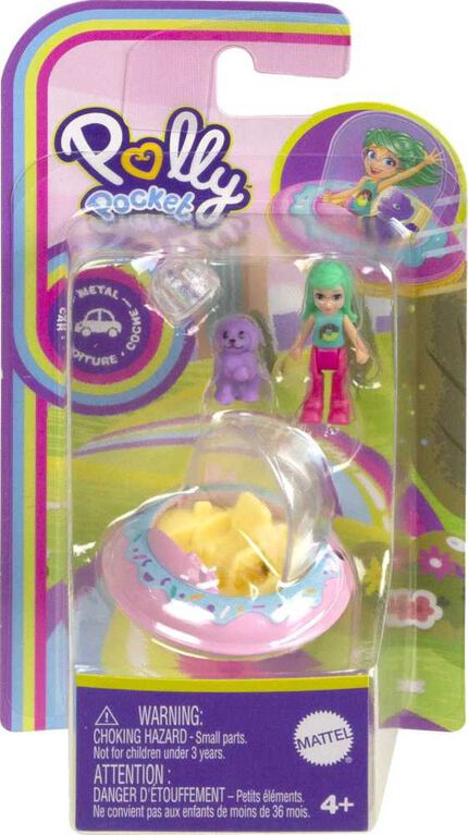 Polly Pocket Micro Doll with Donut-Themed Die-cast Spaceship and Mini Pet, Travel Toys