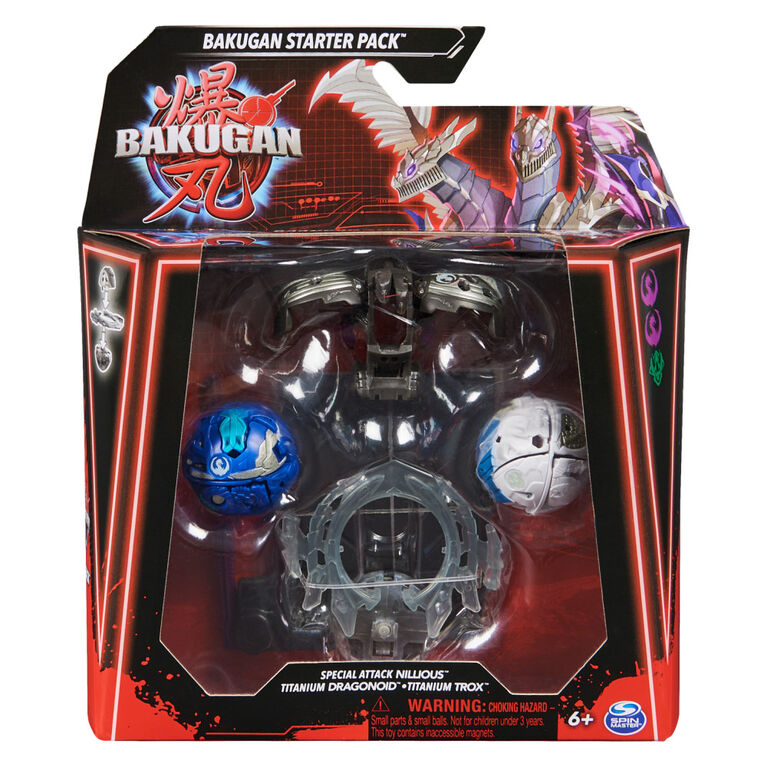 Bakugan Starter 3-Pack, Special Attack Bruiser, Dragonoid, Hammerhead et Nillious, figurines articulées personnalisables qui tournent et cartes à collectionner