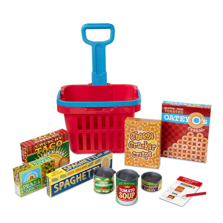 Melissa & Doug Ensemble de jeu de panier d'épicerie Fill and Roll avec boîtes et boîtes de conserves - les motifs peuvent varier