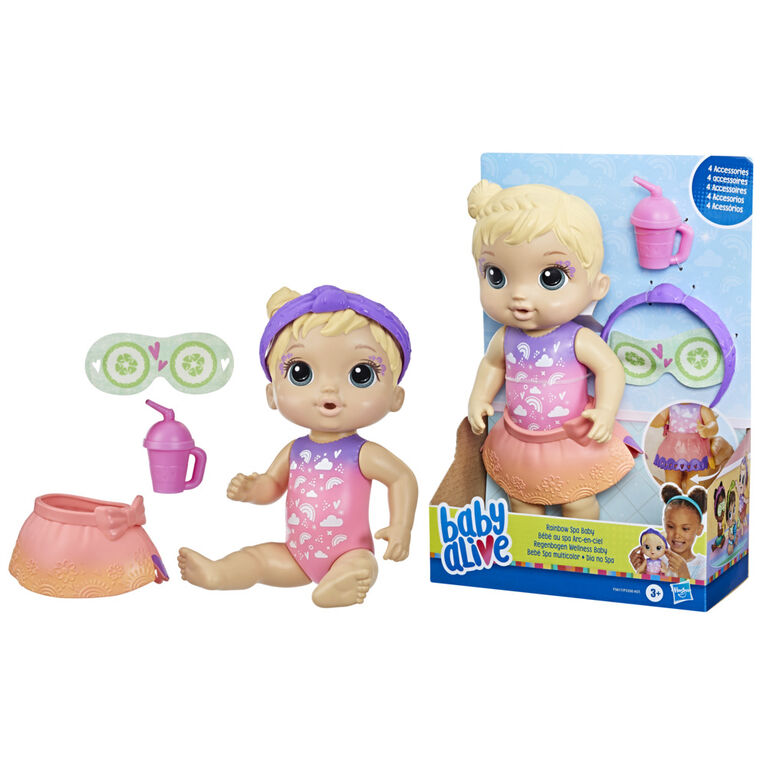 Baby Alive Bébé au spa Arc-en-ciel, poupée de 22,5 cm aux cheveux blonds, thème spa, masque pour poupée et biberon