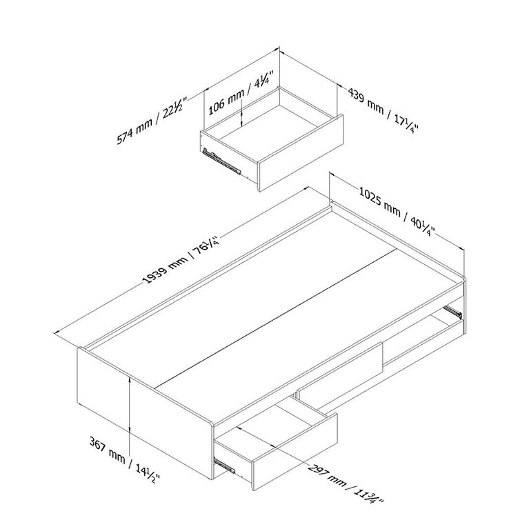 South Shore Fusion Twin Mates Bed (39") with 3 Drawers, Pure White