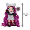 Na Na Na Surprise 2-in-1 Soft Fashion Doll and Metallic Purse Glam Series - Chrissy Diamond, Purple Hair Doll in Black and Silver Outfit with Silver Holographic Iridescent Cat Purse