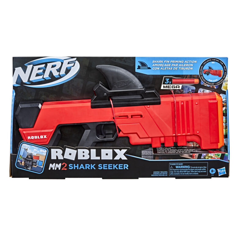 Nerf Roblox MM2, blaster à fléchettes Shark Seeker, amorçage par aileron, 3 fléchettes Nerf Mega