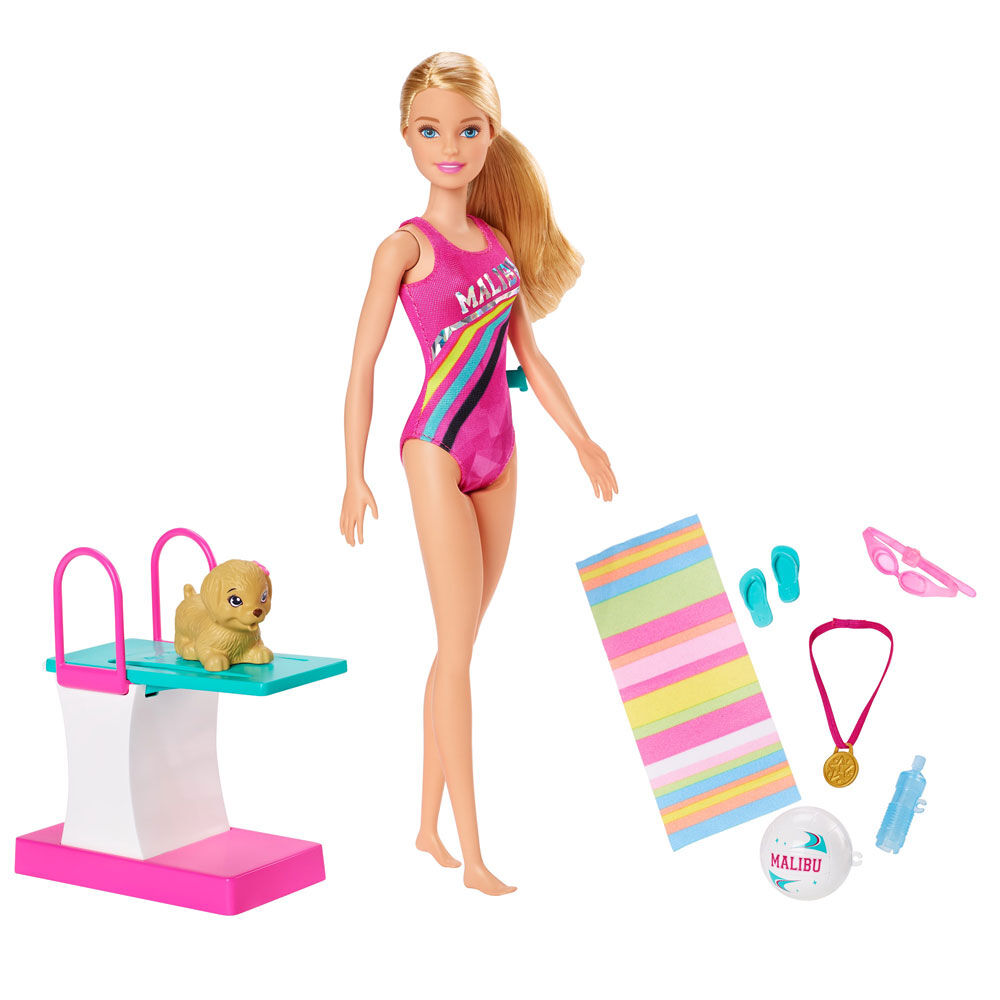 Barbie Dreamhouse Adventures Swim n Dive Doll 11.5 inch in Swimwear with Diving Board and Puppy Toys R Us Canada