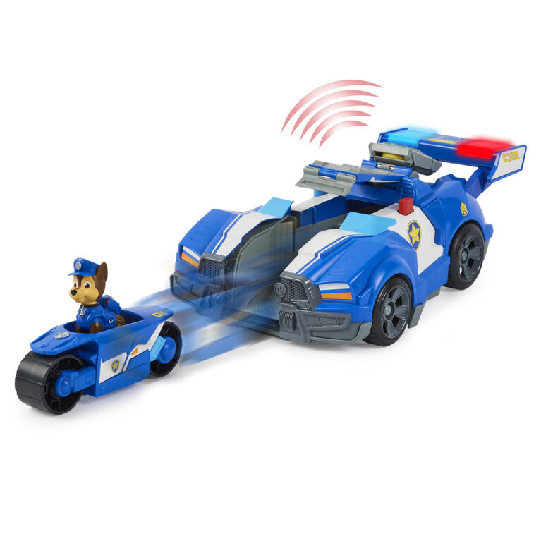 PAW Patrol, Transforming City Cruiser transformable 2-en-1 tiré du film, avec moto, effets sonores et lumineux et figurine Chase articulée à collectionner