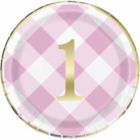 Pink Gingham 1st Birthday Assiettes 9po, 8un