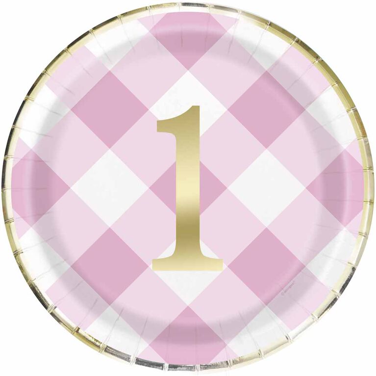 Pink Gingham 1st Bday 9"  Plates 8 pieces