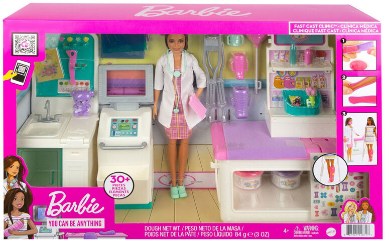 Barbie Fast Cast Clinic Playset with Brunette Barbie Doctor Doll, 4 Play Areas, 30+ Play Pieces