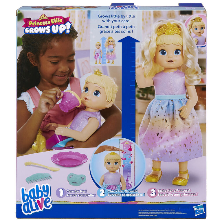 Baby Alive Poupée Princesse Ellie grandit !, poupée interactive de 45 cm  qui parle avec accessoires