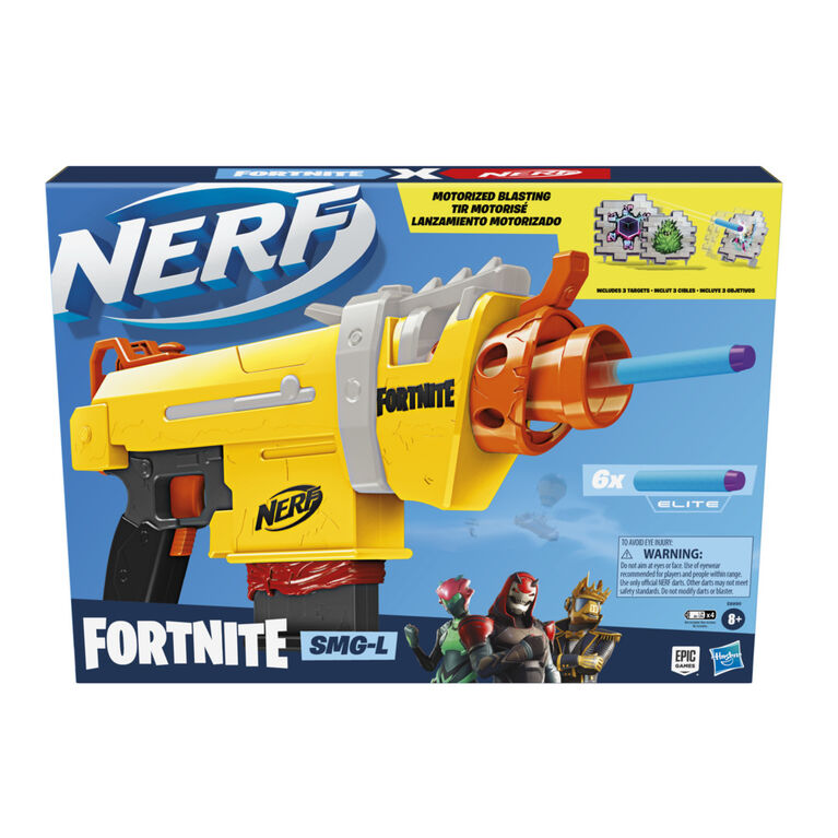 Nerf Fortnite, blaster à fléchettes SMG-L motorisé avec 3 cibles, chargeur  6 fléchettes et 6 fléchettes Nerf Elite officielles - Notre exclusivité