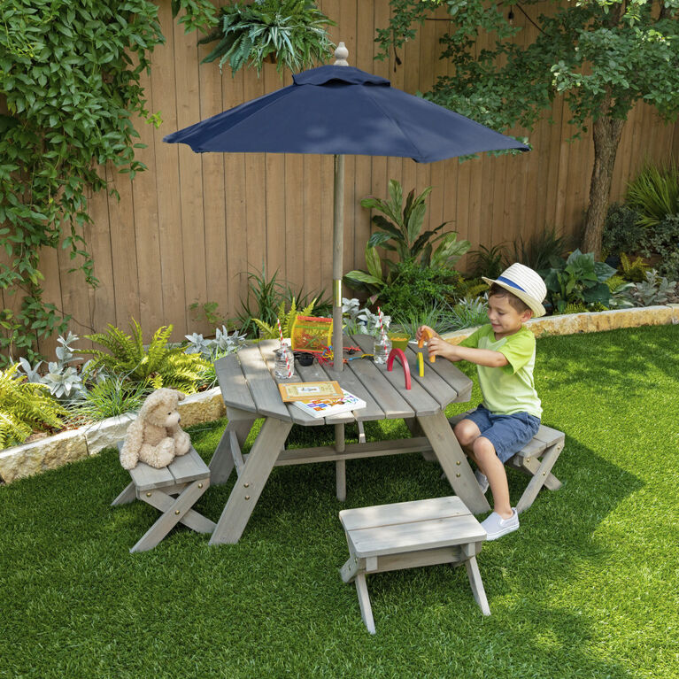 KidKraft - Wooden Octagon Table, Stools and Umbrella Set, Kids' Outdoor Furniture, Barnwood Gray and Navy