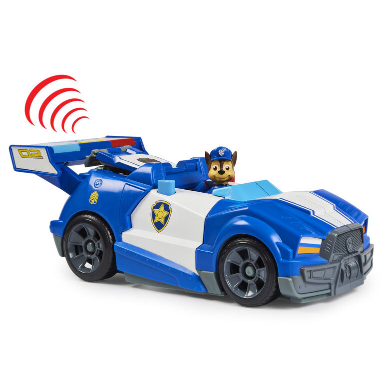 PAW Patrol, Transforming City Cruiser transformable 2-en-1 tiré du film, avec moto, effets sonores et lumineux et figurine Chase articulée à collectionner