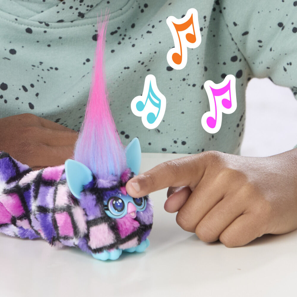 Furby DJ Furblets Dis-Co-Dazz Mini Electronic Plush Toy with Funny Stretchable Sound Effects & Music, Speaks Furbish, Pink, Purple, & Black