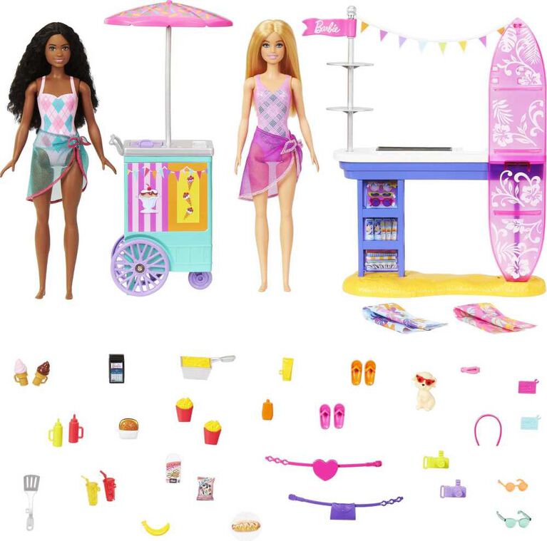 Barbie Beach Boardwalk Playset with Barbie "Brooklyn" and "Malibu" Dolls, 2 Stands and 30+ Accessories