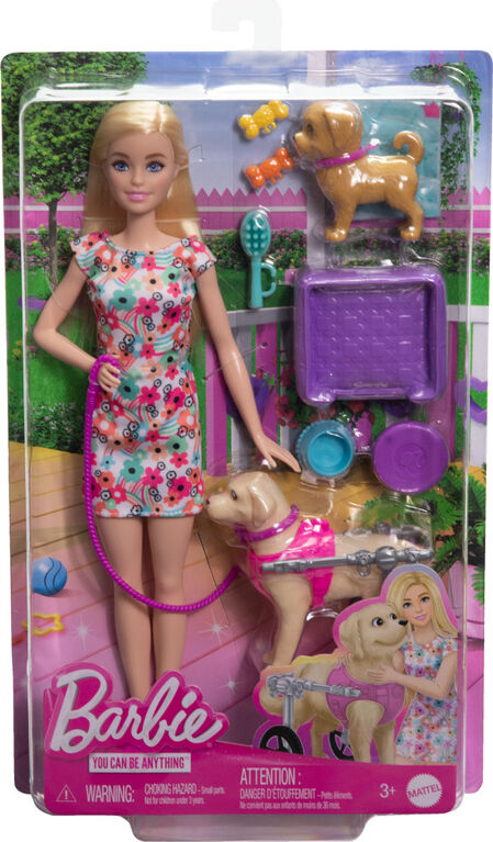 Barbie  Poupée, chiot et chien dans un fauteuil roulant, accessoire