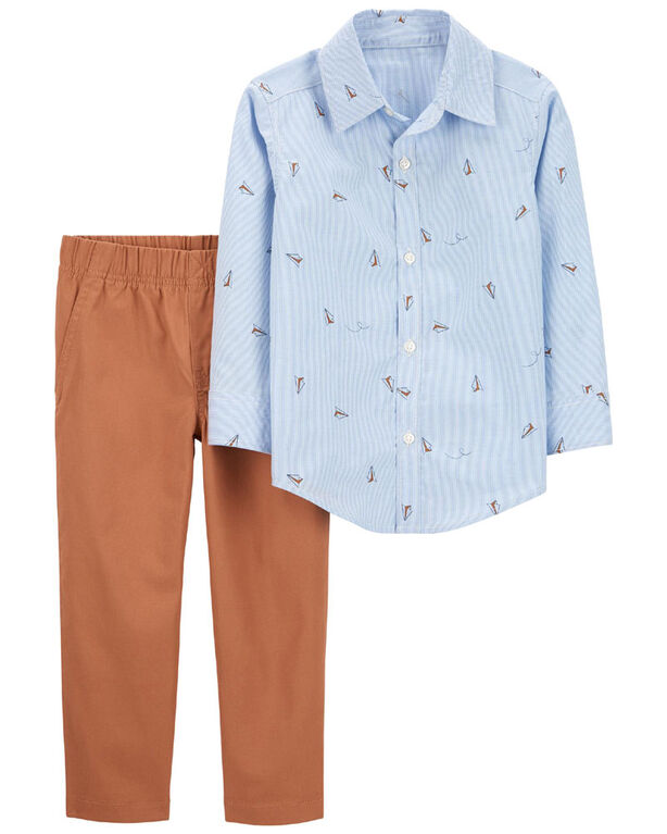 Carter's Two Piece Button Front Shirt And Pant Set Blue  3T