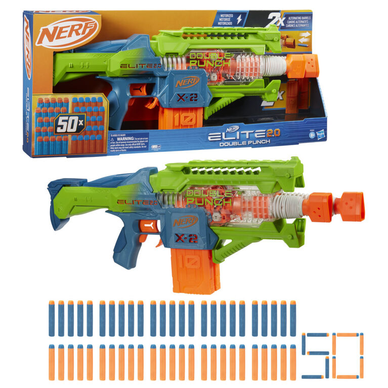 Nerf Elite 2.0, blaster Double Punch, 50 fléchettes Elite, 2