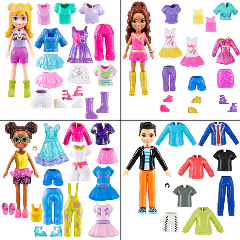 Polly Pocket Sparkle Cove Adventure Dolls, Clothes & Accessories Set,  Fashion Pack with 4 Dolls (3-inch) & 45+ Total Pieces, HKW10